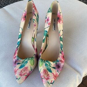 Karl  Lagerfeld floral, fabric pumps, gently worn size 10